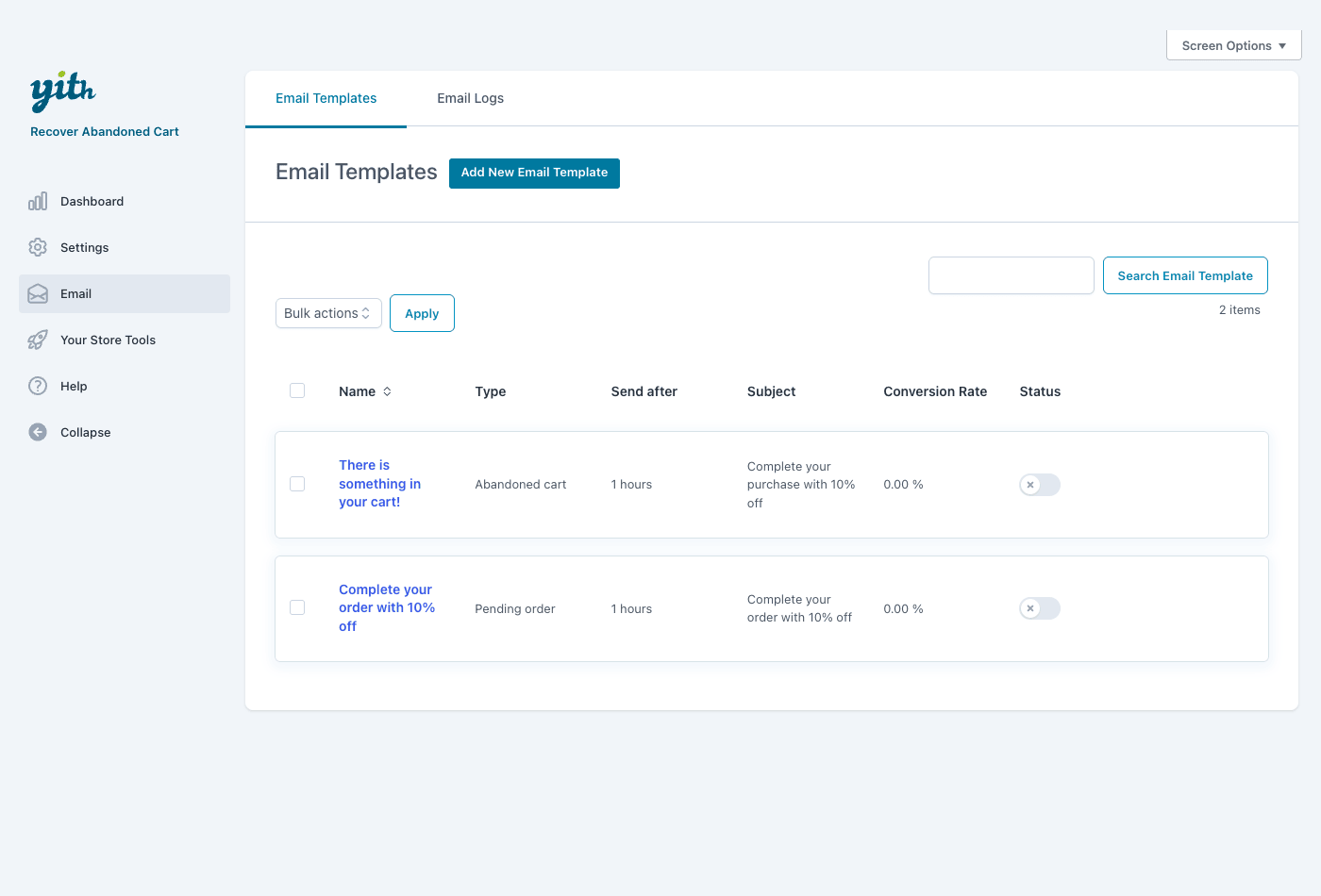 The YITH Recover Abandoned Cart email templates list showing the abandoned-cart and pending-order recovery sequence