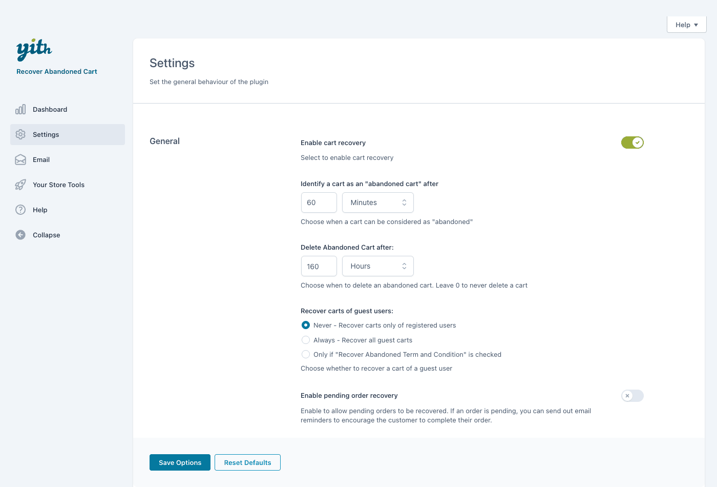 YITH WooCommerce Recover Abandoned Cart settings: enable recovery, abandoned-after threshold, and guest cart recovery