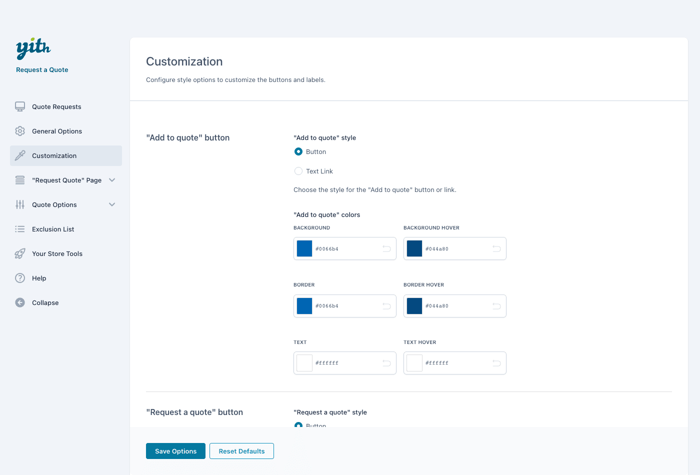 YITH Request a Quote customization settings for the Add to quote button style and colors