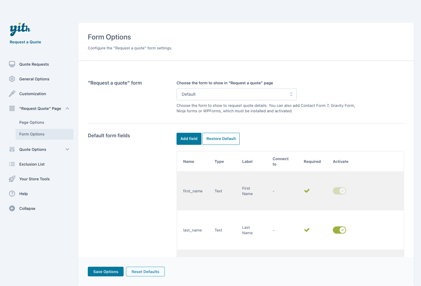 The YITH Request a Quote form builder with fields and Contact Form 7, Gravity Forms, Ninja Forms and WPForms options