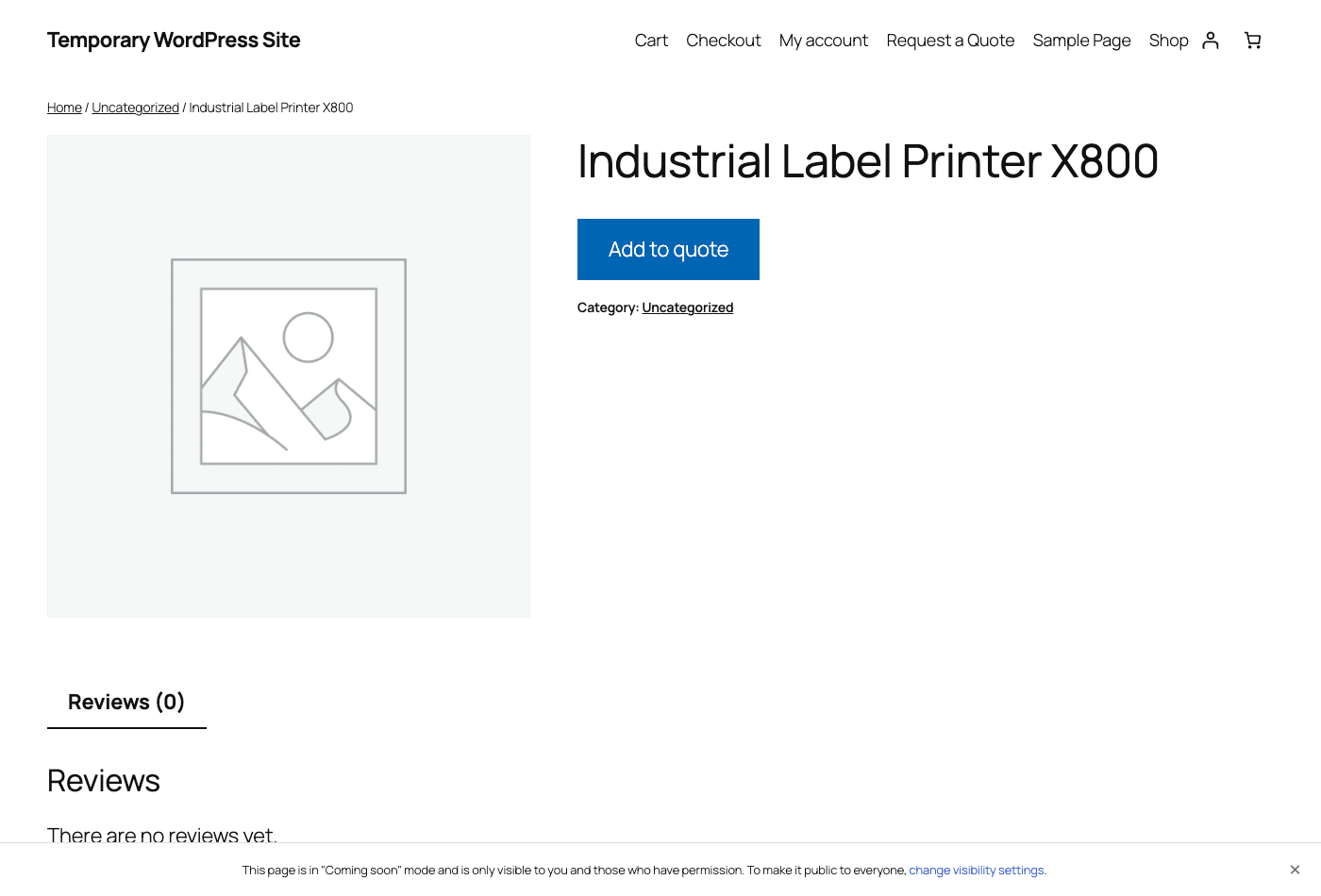 A WooCommerce product page with the price hidden and an Add to quote button from YITH Request a Quote