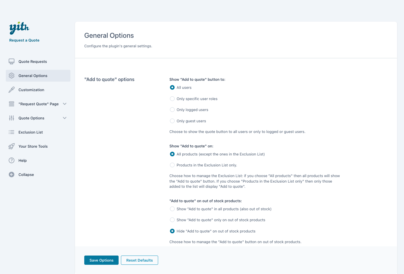 YITH WooCommerce Request a Quote General Options: who sees the Add to quote button and on which products