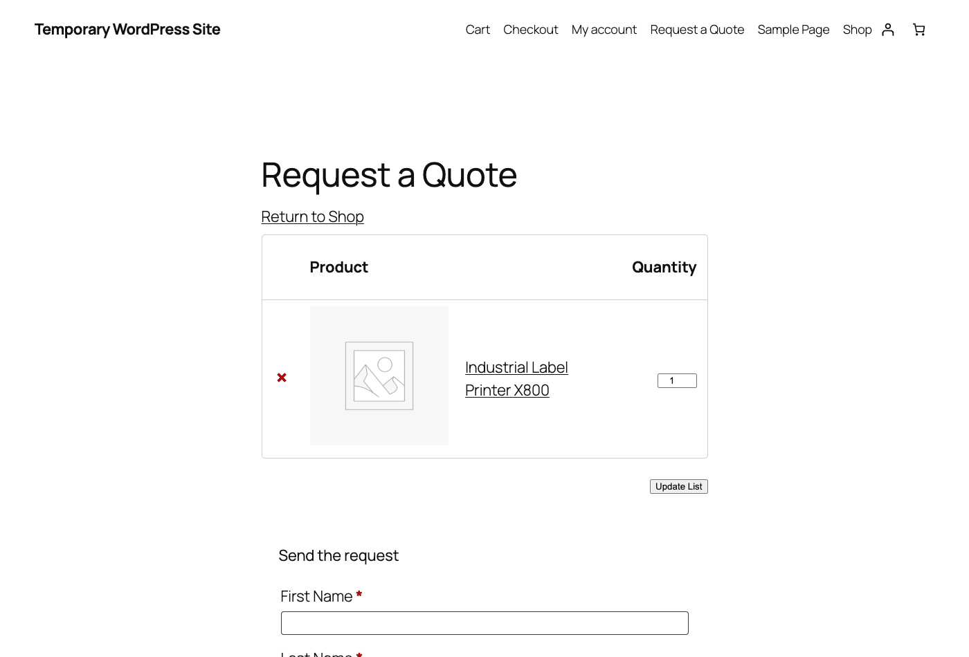 The front-end Request a Quote page showing the quote list and the send request form