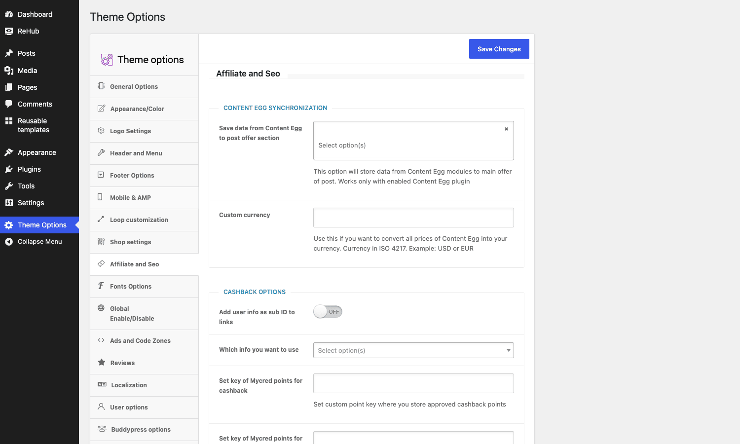 REHub affiliate and Content Egg options The REHub Affiliate and Seo options tab, showing Content Egg synchronization and cashback settings