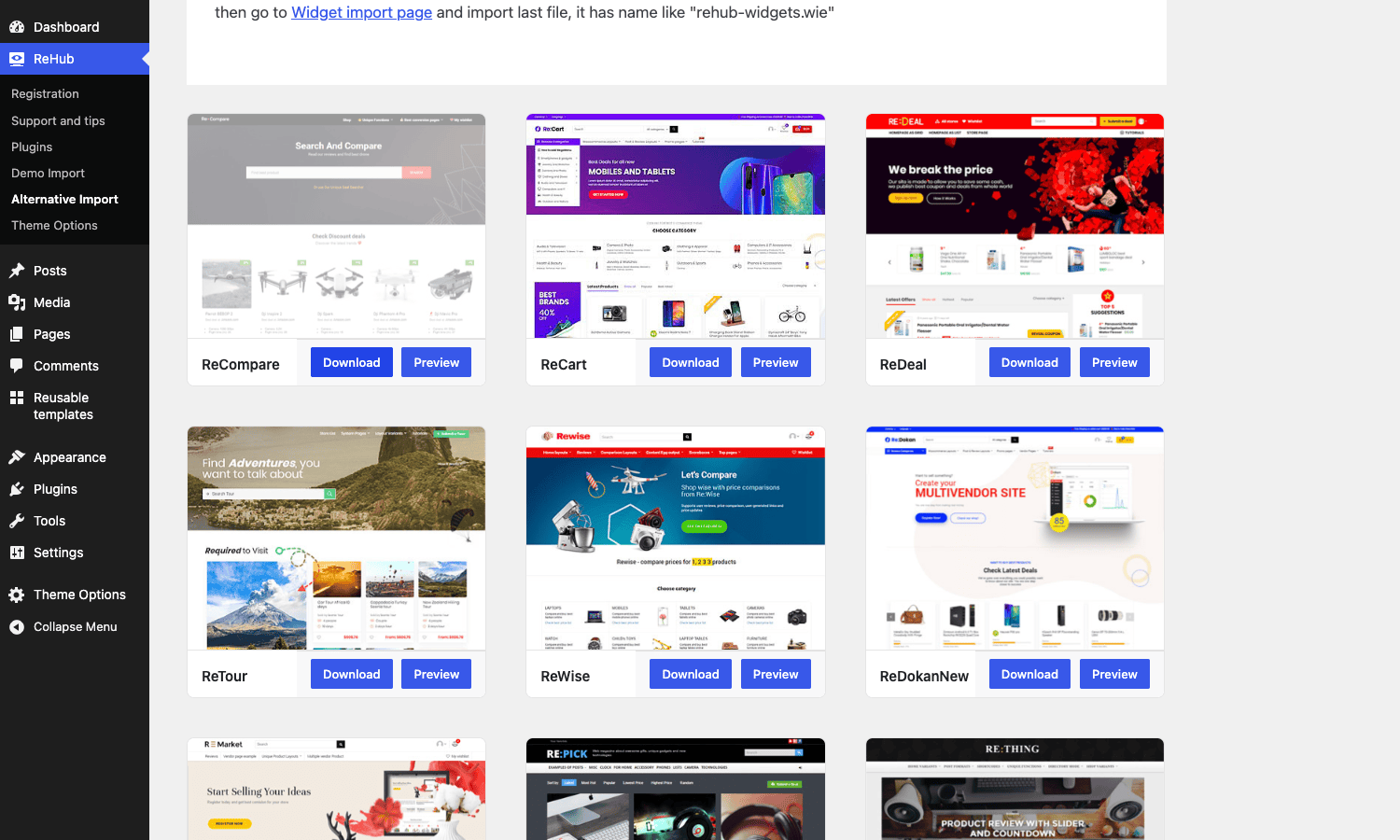REHub demo library The REHub demo import library, a grid of prebuilt affiliate, deal, and store starter sites