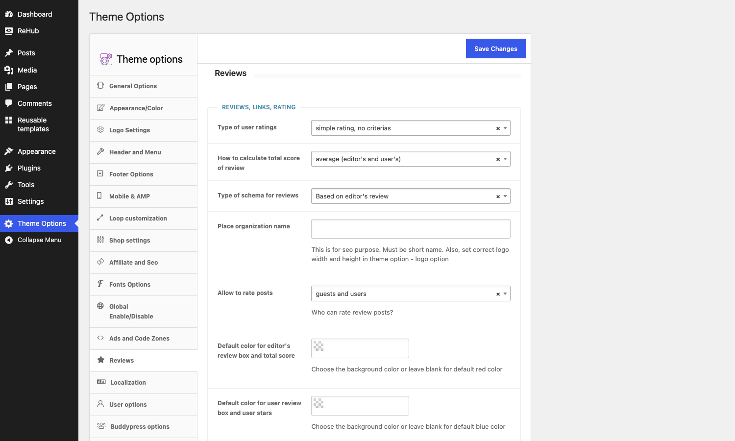 REHub review system options The REHub Reviews options tab, with rating type, score calculation, and review schema settings
