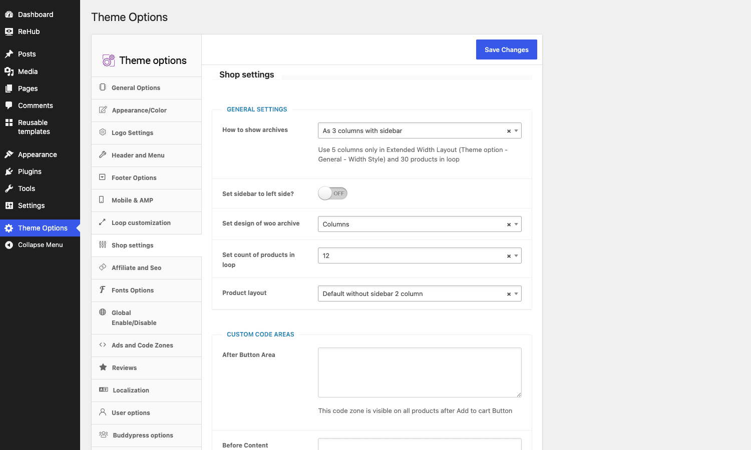 REHub Shop settings The REHub Shop settings tab with WooCommerce archive layout and custom code area options