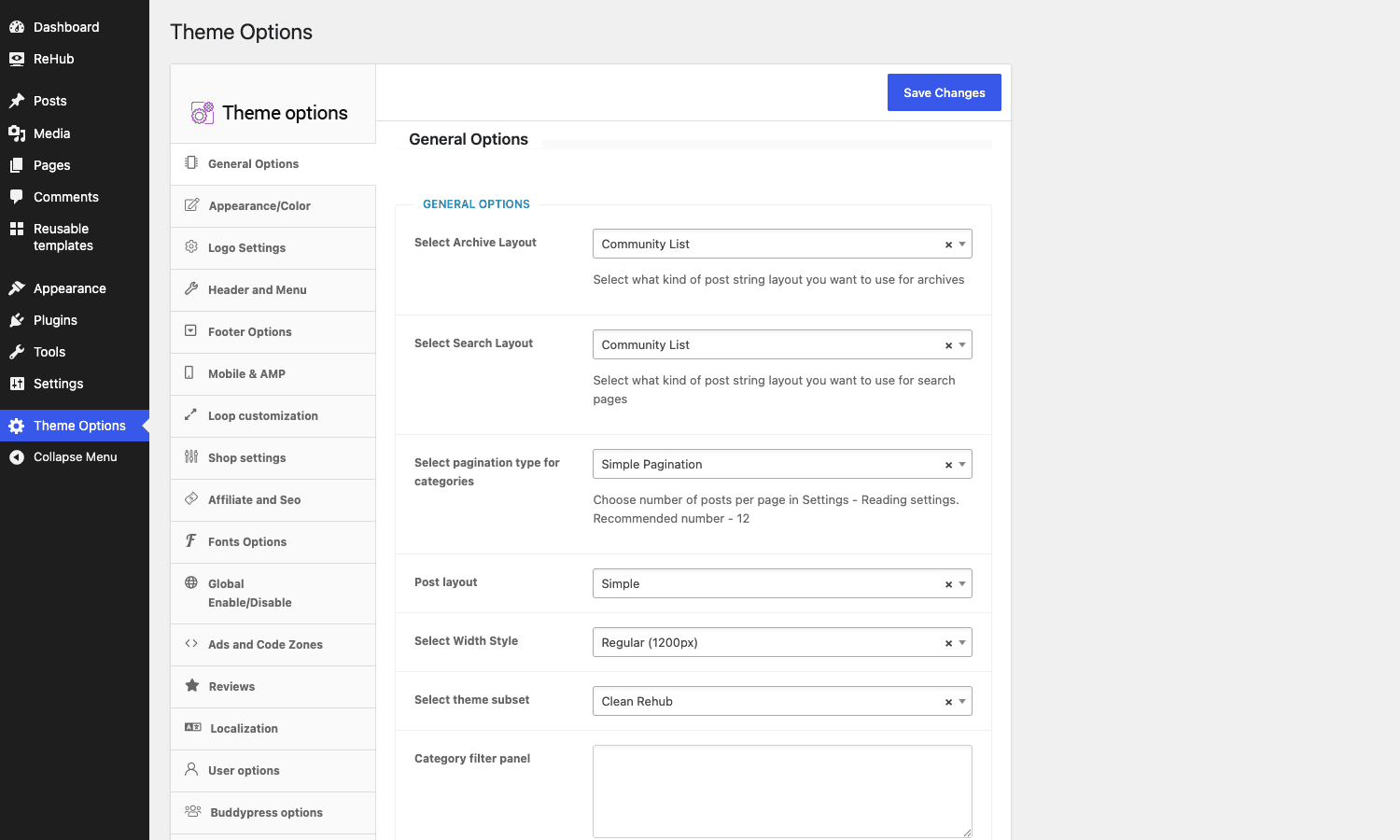 REHub Theme Options The REHub theme options panel showing the General Options tab and the full feature tab rail