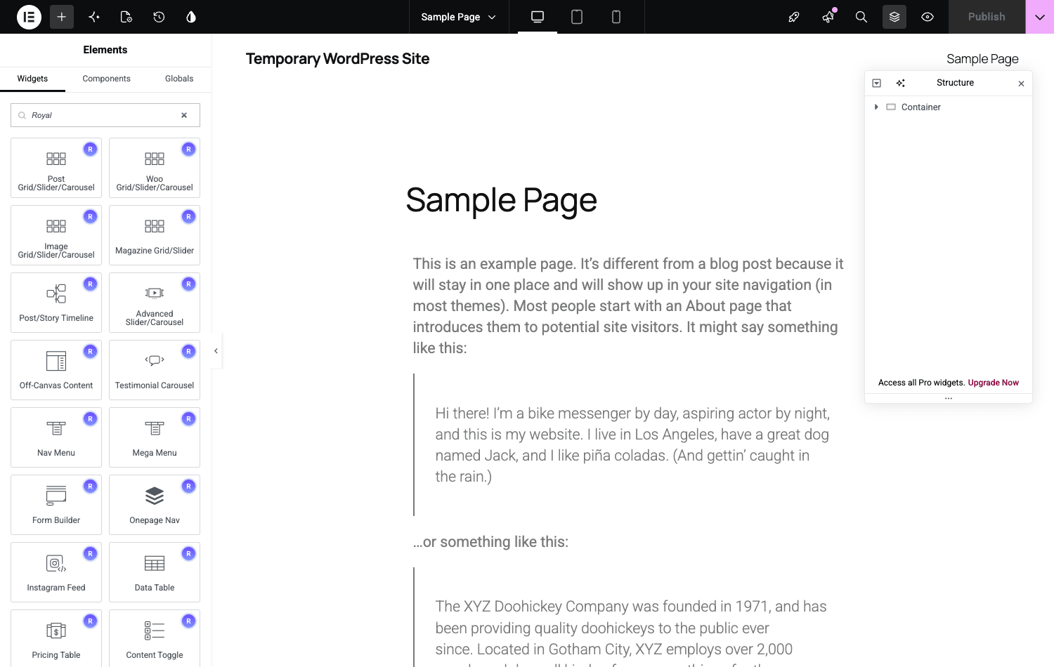 Royal Elementor Addons Pro widgets in the Elementor editor panel