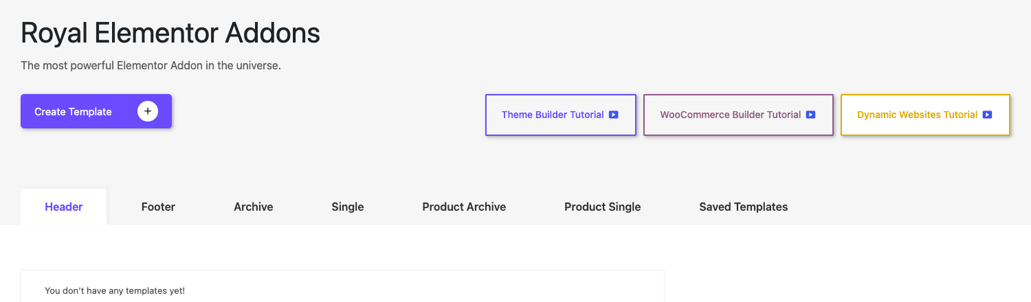 Royal Elementor Addons Pro Theme Builder showing the six template types