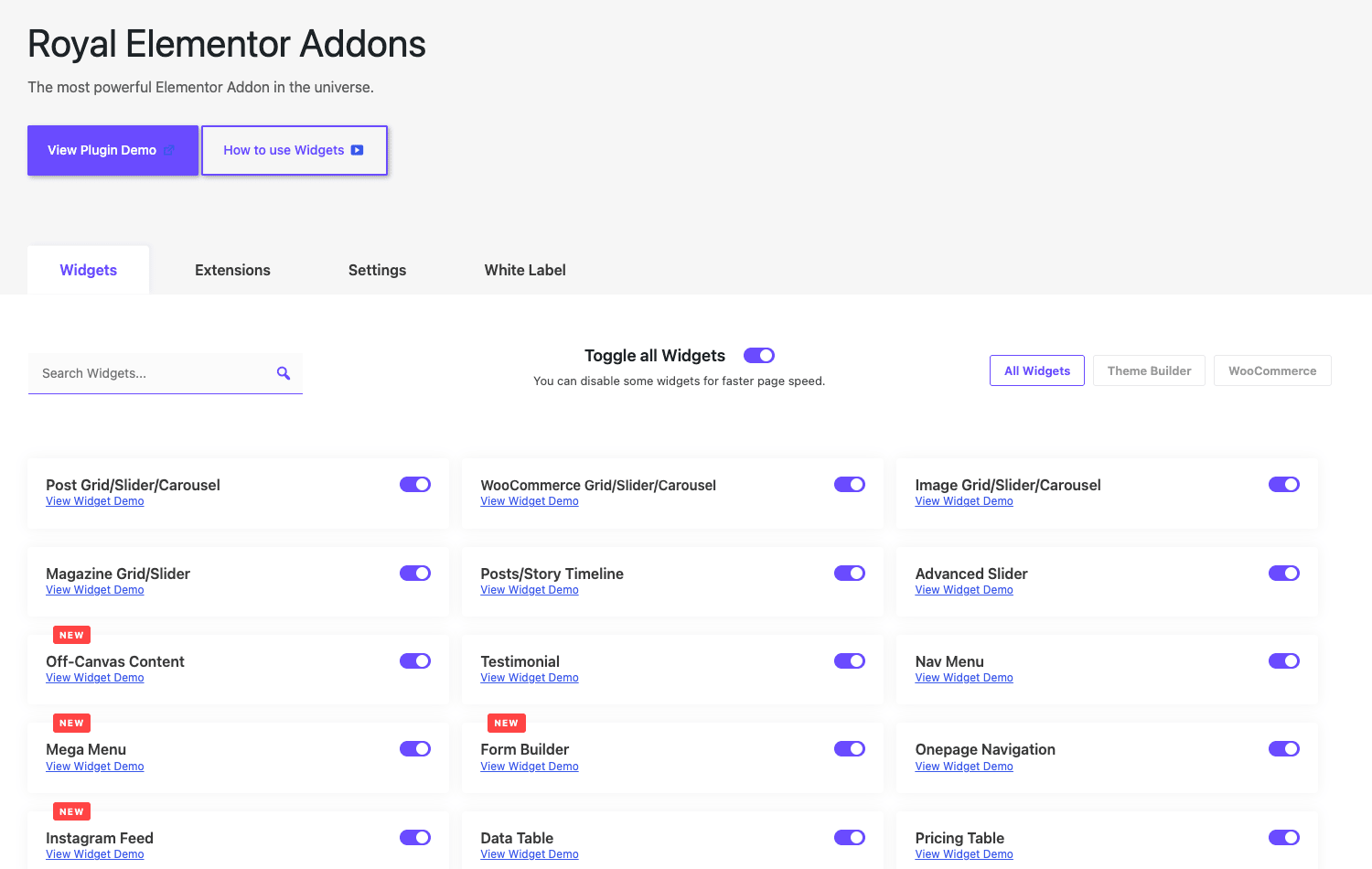 Royal Elementor Addons Pro widget library with per-widget on and off toggles