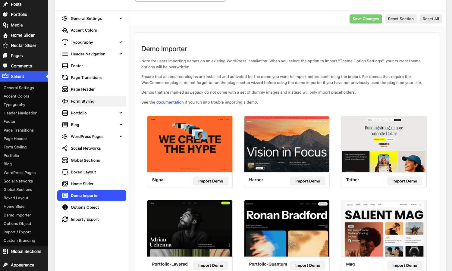 Salient demo importer library The Salient theme Demo Importer, a grid of prebuilt starter sites with one-click import buttons
