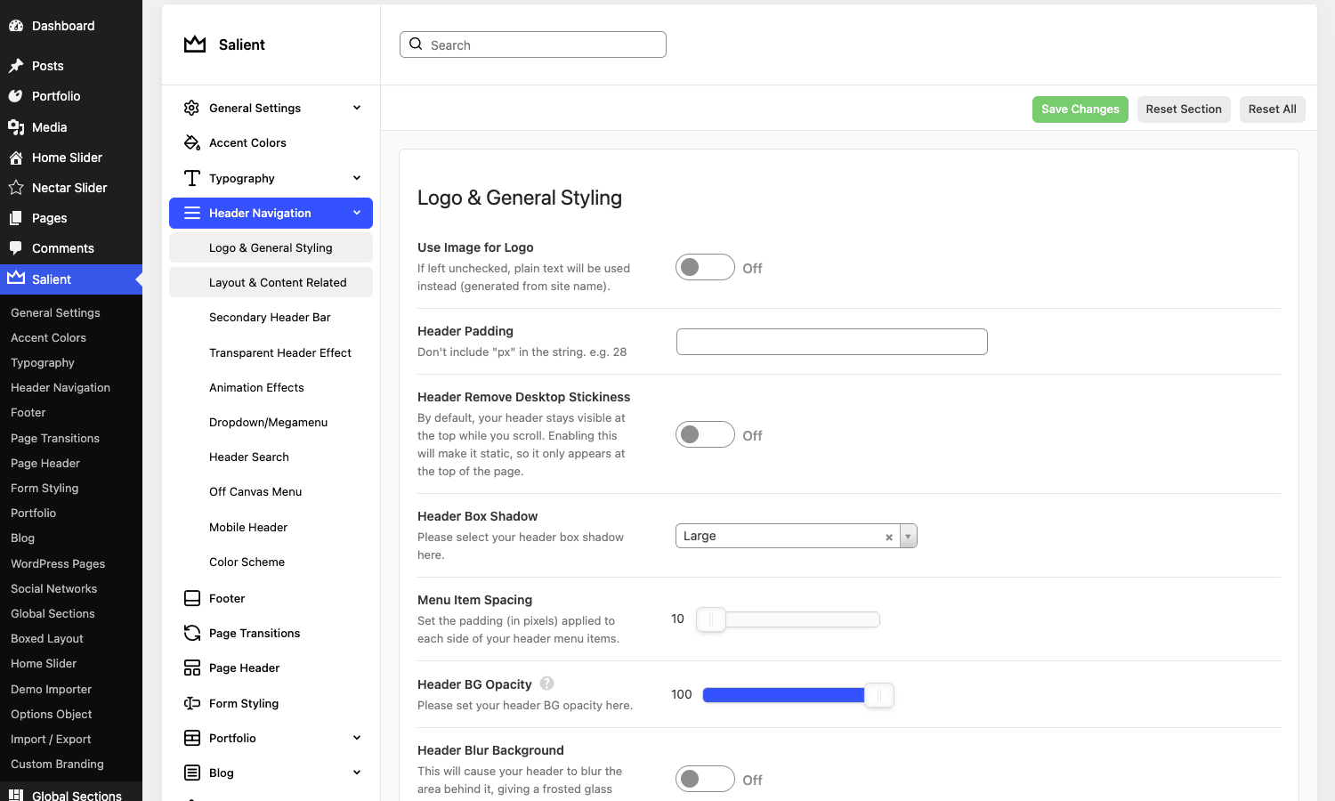 Salient Header Navigation options The Salient theme Header Navigation options, showing logo styling, header padding, stickiness, and background opacity settings
