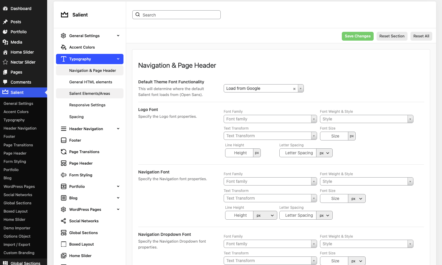 Salient Typography options The Salient theme Typography tab, with font family, weight, size, line height, and letter spacing controls for logo and navigation