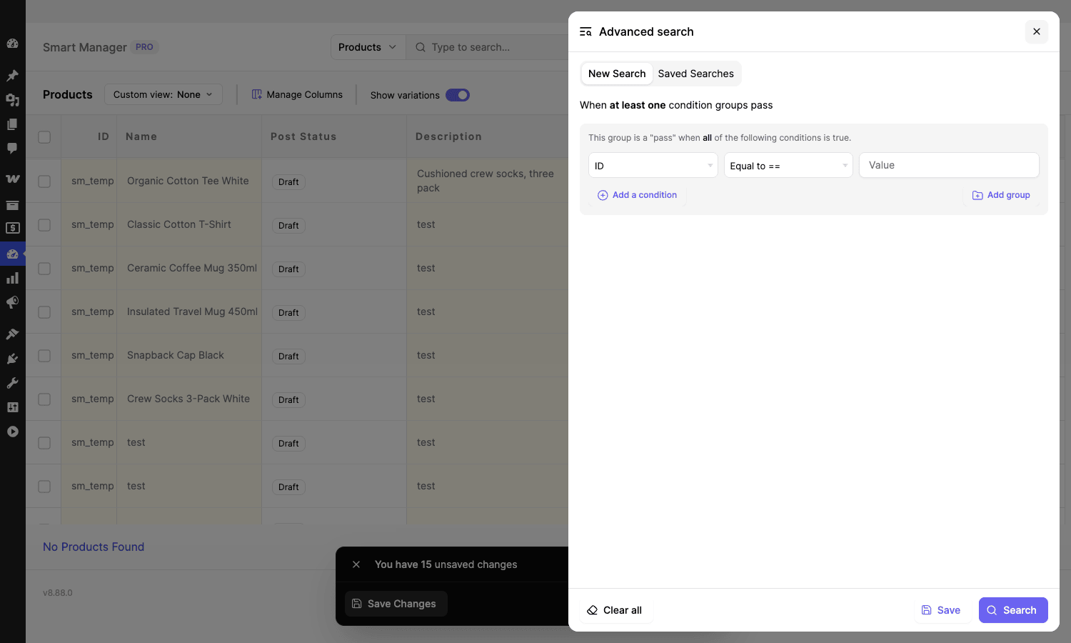 Building advanced search conditions Smart Manager Advanced Search condition builder with field, operator, and value rows