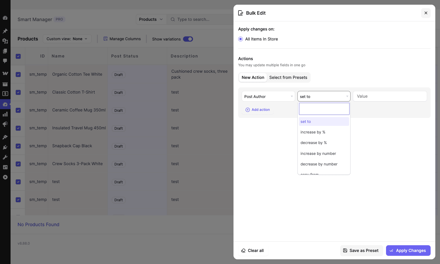 Building a bulk-edit action Smart Manager Bulk Edit panel with the operation dropdown showing set to, increase and decrease options