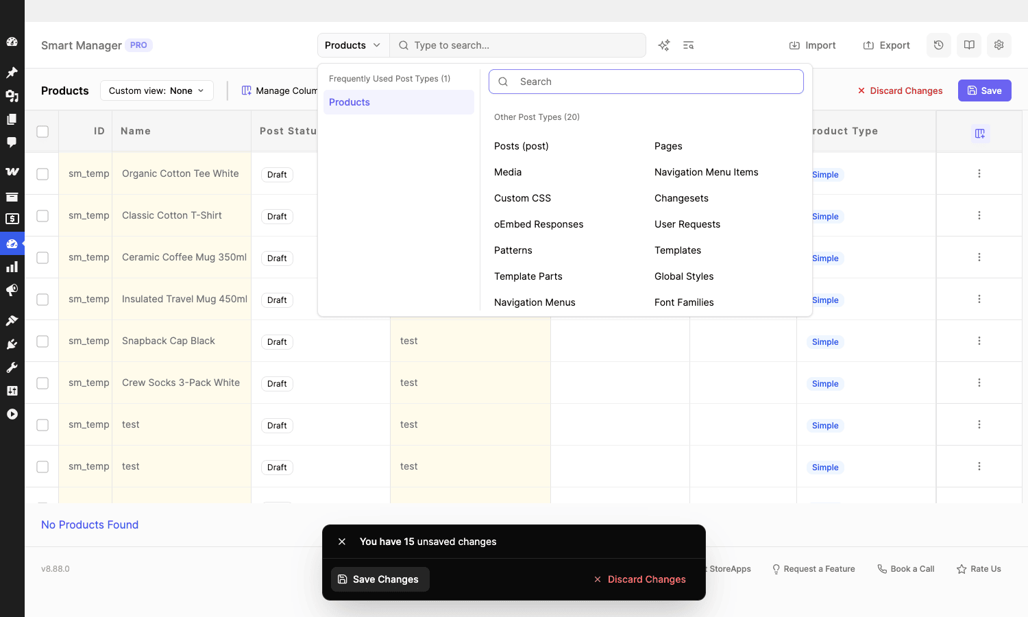 Switching dashboards across post types Smart Manager dashboard switcher listing products and all available post types