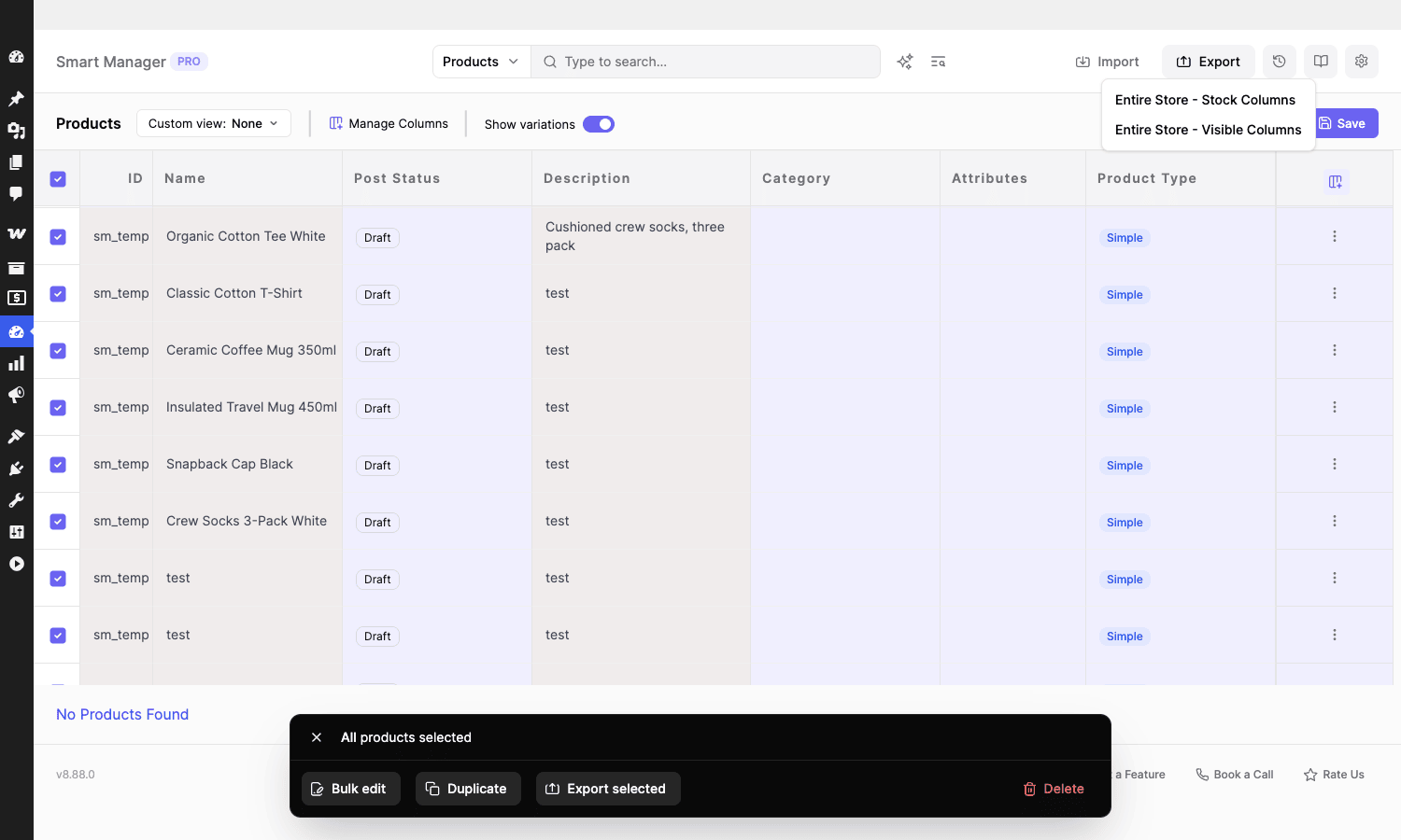Exporting store data to CSV Smart Manager export menu with entire-store stock and visible-columns options