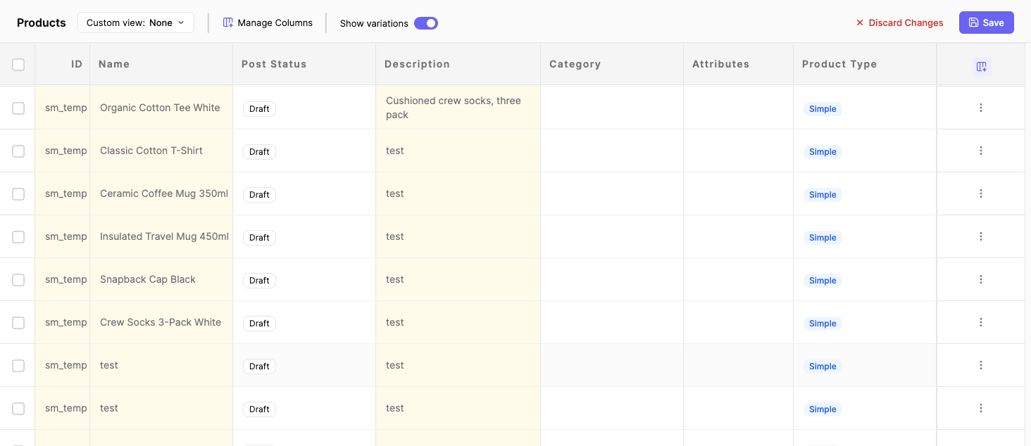 The Smart Manager products dashboard Smart Manager Excel-like product grid showing inline-edited rows with the unsaved-changes highlight