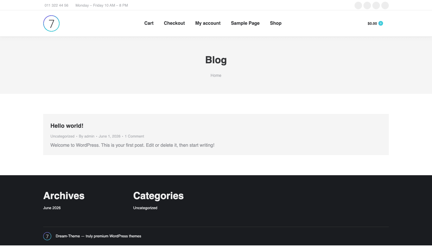 The7's default header and footer styling on a fresh install The7 default front-end showing its styled header, top bar, and footer