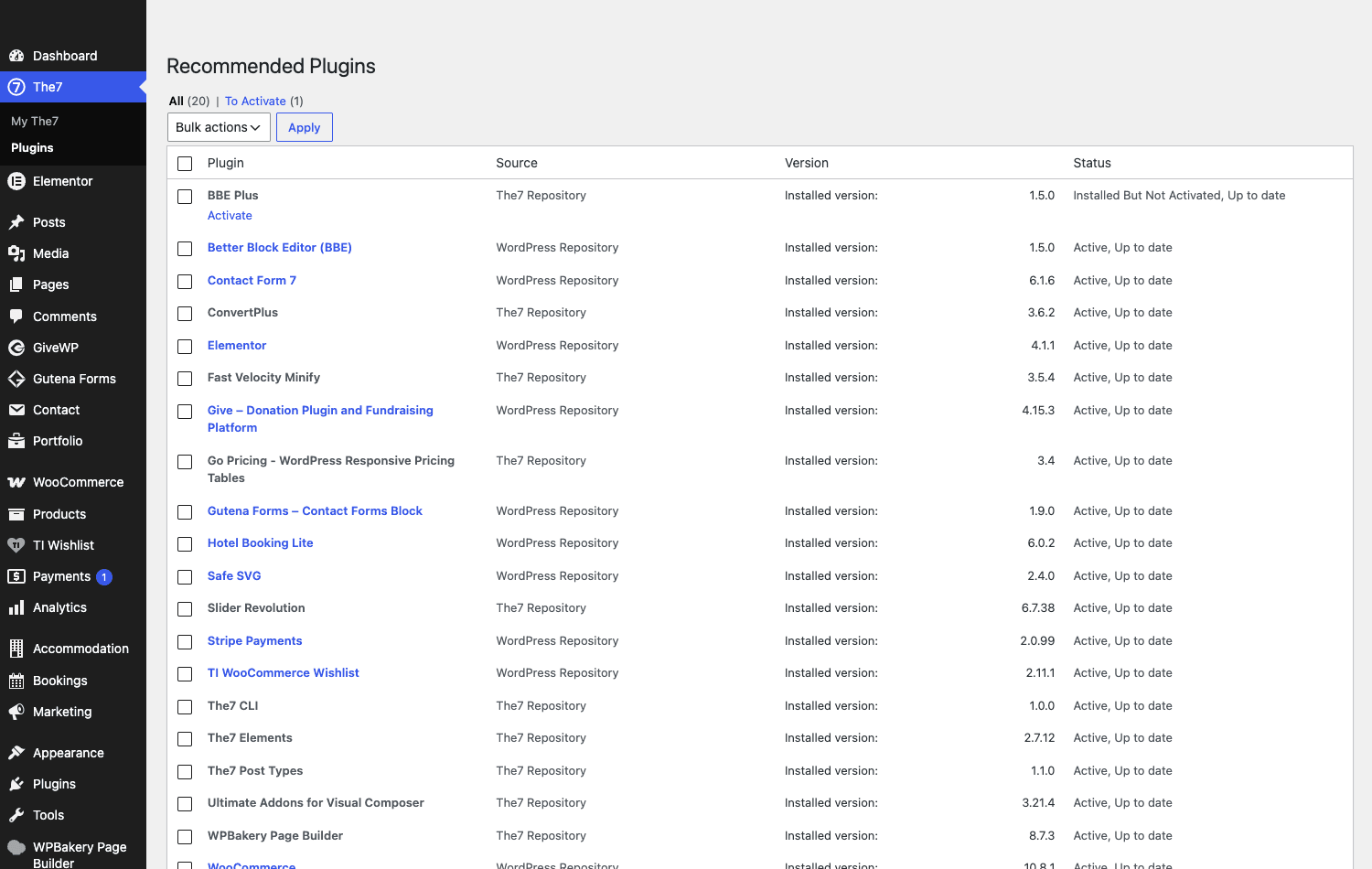 The7 Recommended Plugins screen listing about twenty bundled and recommended plugins
