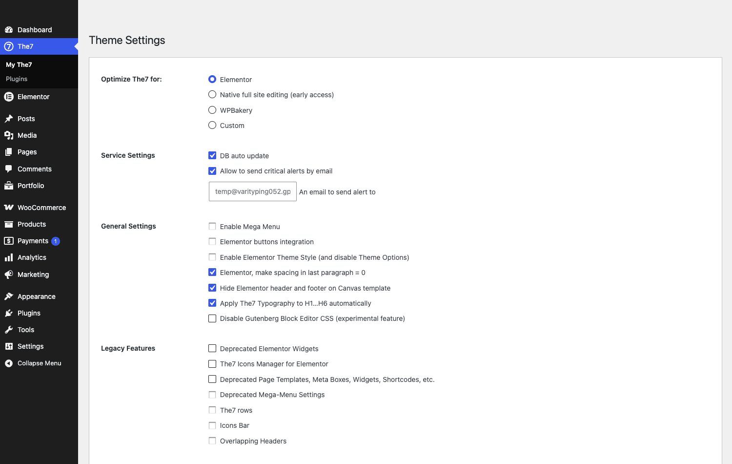Choosing your builder is the first and most important The7 setting The7 Theme Settings showing the Optimize The7 for Elementor, FSE, WPBakery, or Custom builder choice
