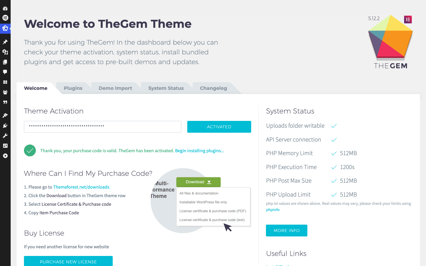 TheGem dashboard TheGem Dashboard showing activation, system status, and the Demo Import tab