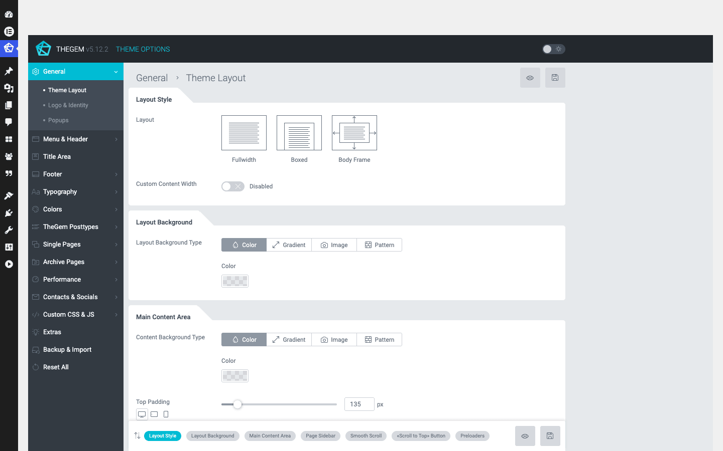 TheGem Theme Options panel TheGem Theme Options panel showing the General section and the full section navigation