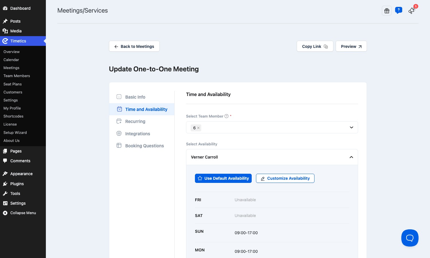 Setting a meeting's availability per team member Timetics availability tab showing team member selection and weekly schedule