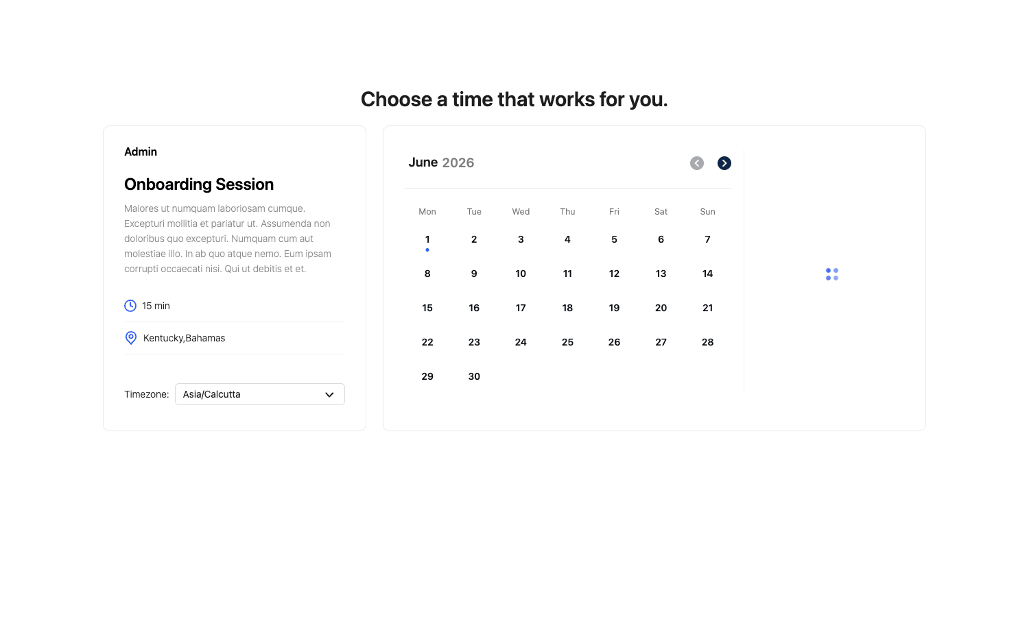 The customer-facing Timetics booking calendar Timetics frontend booking calendar showing a meeting card and date picker