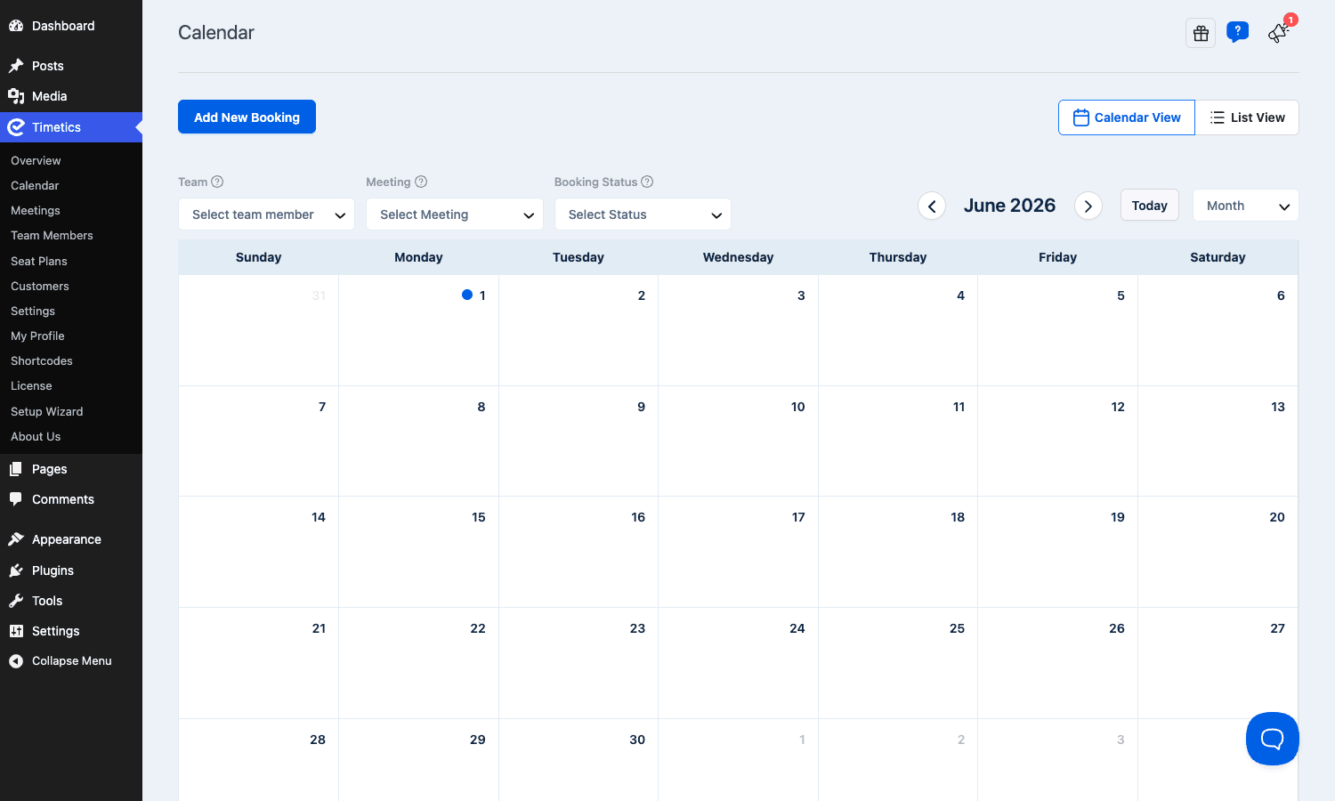 The Timetics booking calendar Timetics calendar view with month grid and team, meeting, and status filters
