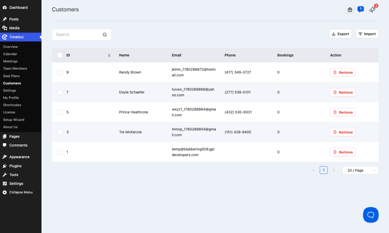 Managing customers in Timetics Timetics customers list with name, email, phone, and bookings columns