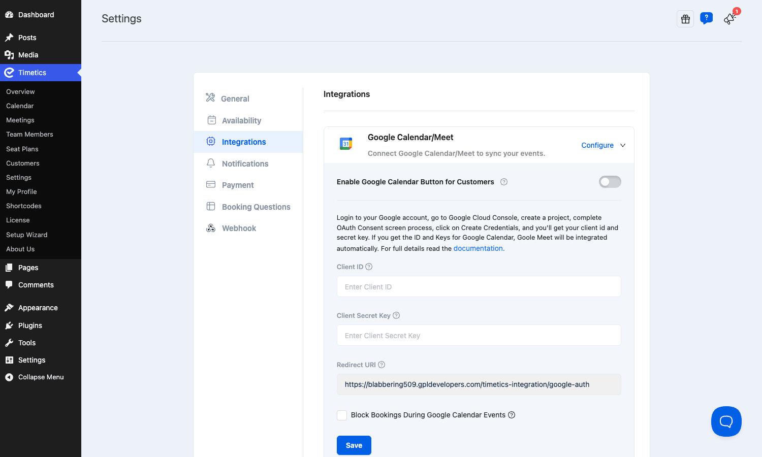 Connecting Google Calendar and Meet Timetics integrations settings showing Google Calendar and Meet OAuth configuration