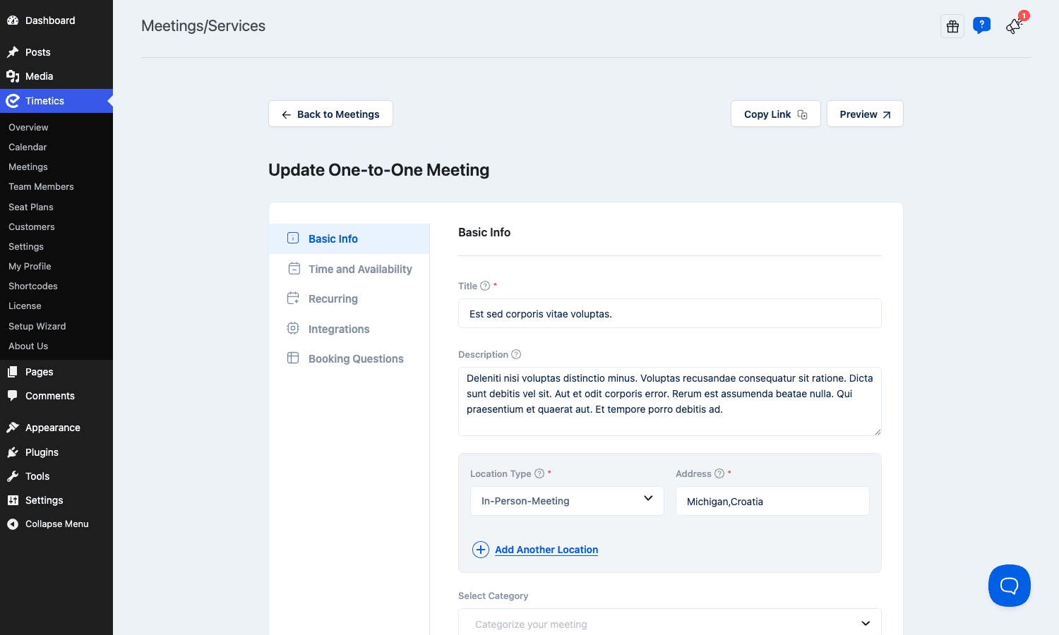 Editing a meeting's basic info Timetics meeting editor Basic Info tab with title, description, and location type