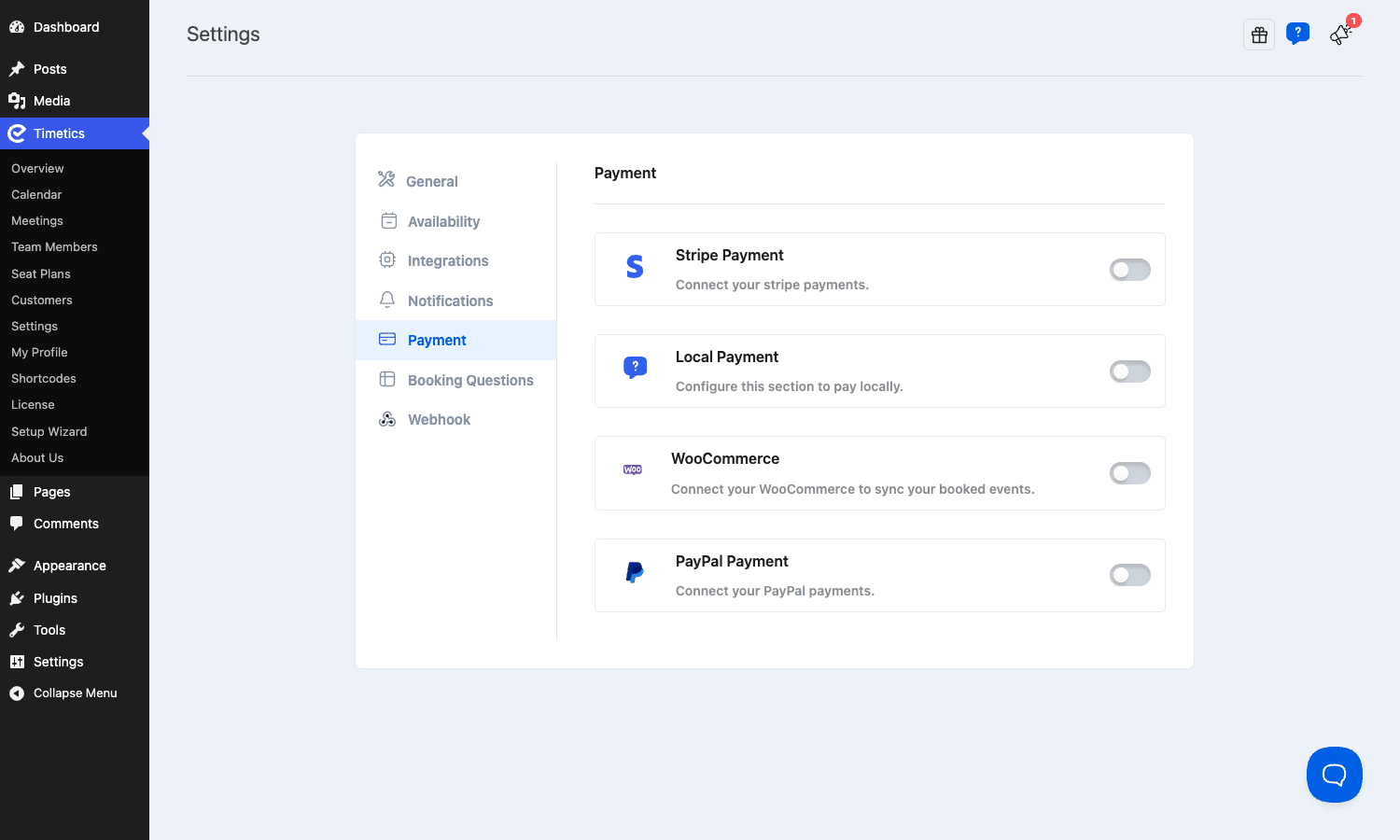 Payment gateways in Timetics Timetics payment settings with Stripe, Local, WooCommerce, and PayPal options