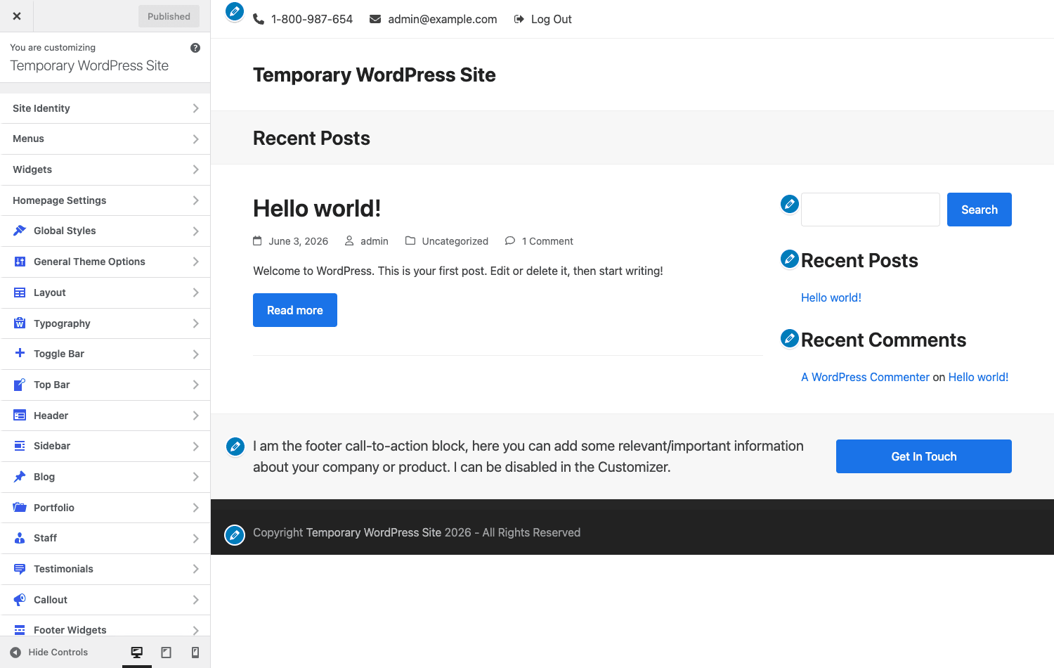 Total theme Customizer with live preview Total theme options inside the WordPress Customizer with the General Theme Options, Layout, Typography, and Header panels next to a live front-end preview