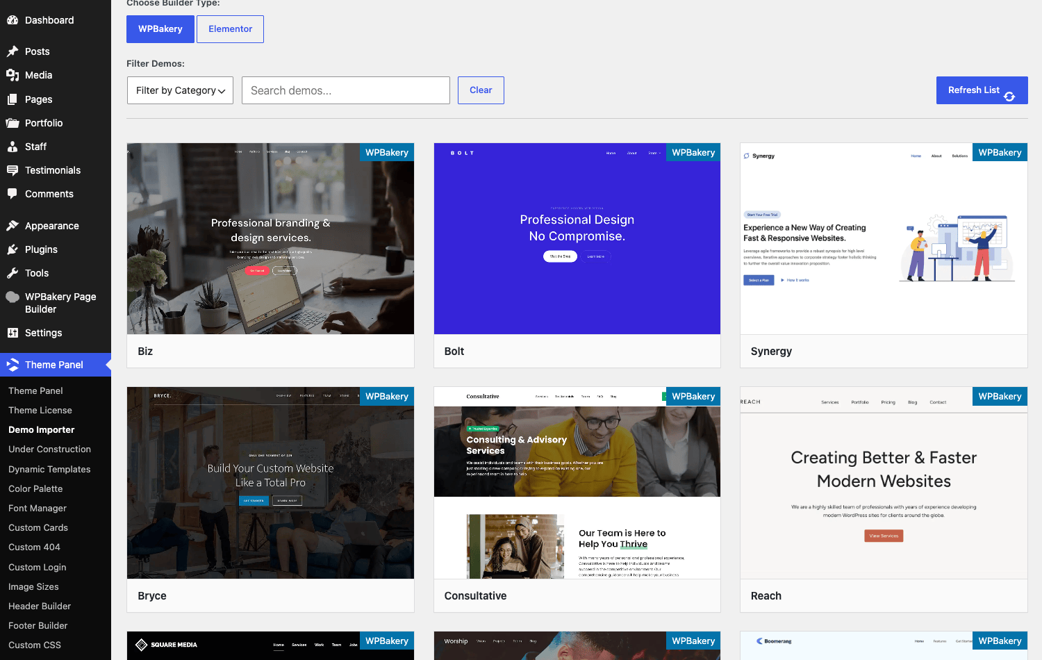 Total theme demo library The Total theme Demo Importer grid with the WPBakery and Elementor builder toggle, category filters, and demo thumbnails