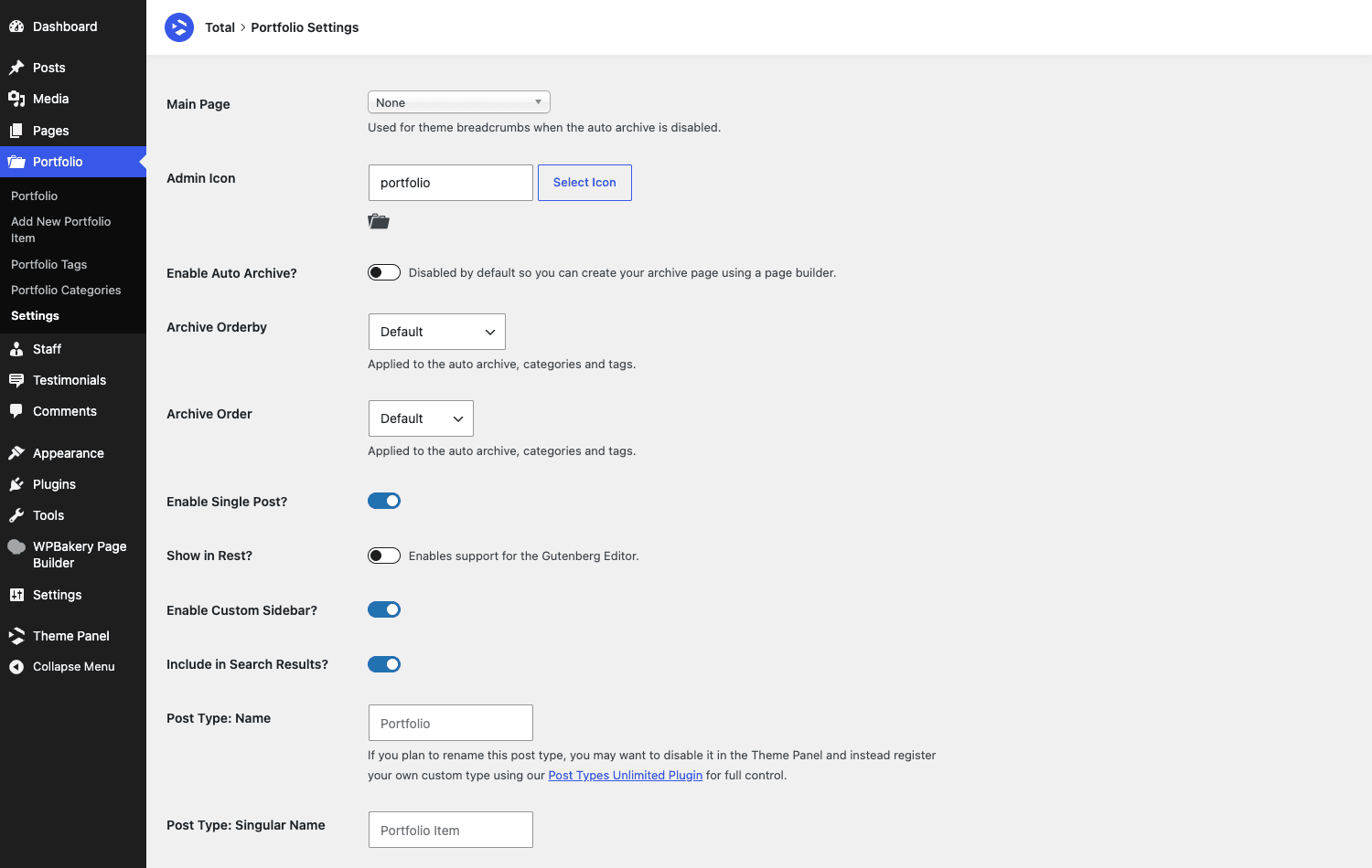 Total Portfolio CPT settings The built-in Total theme Portfolio custom post type settings, including Main Page, Admin Icon, auto archive, archive ordering, single post, and Show in Rest options