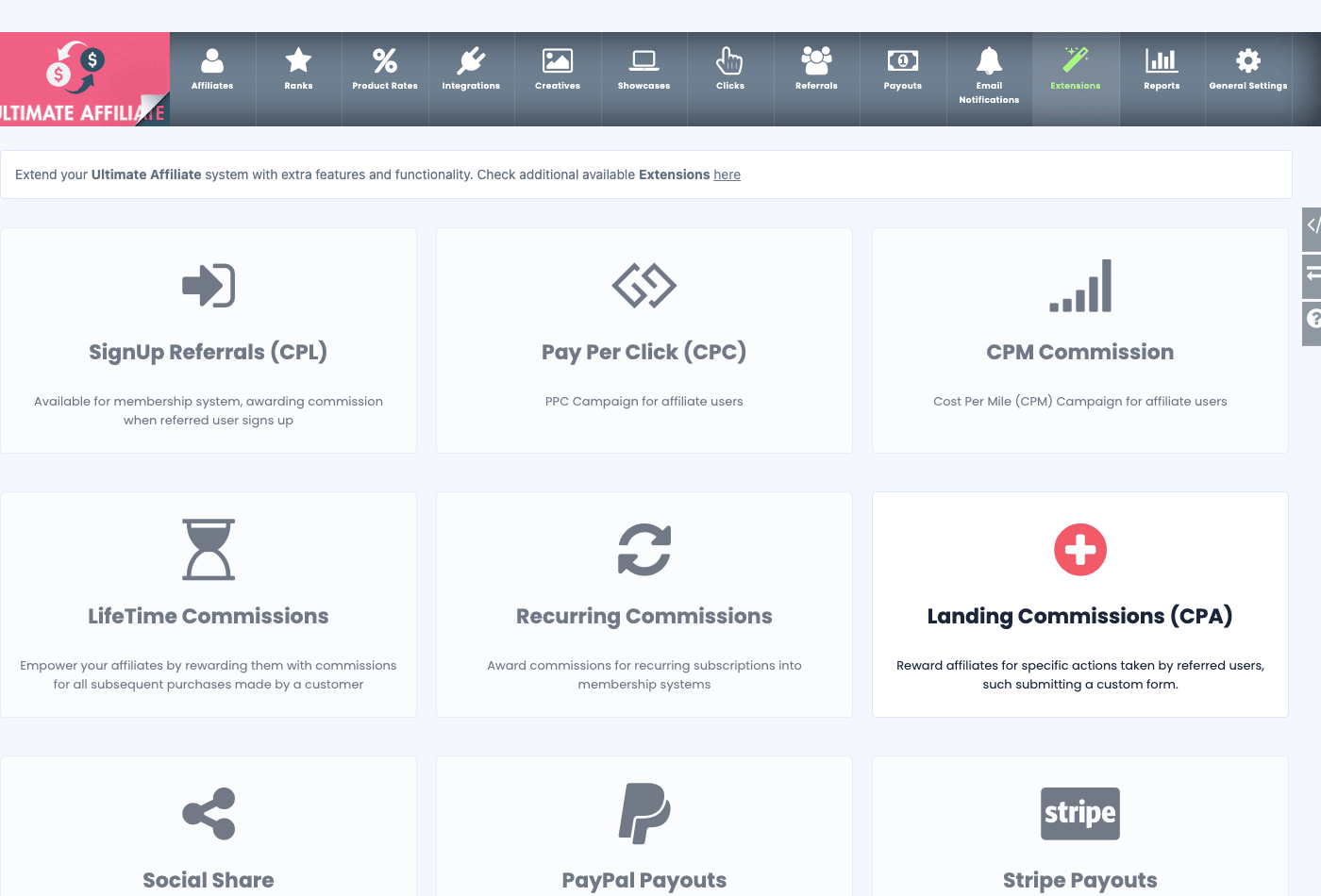 The nine Ultimate Affiliate Pro commission model extensions: CPL, CPC, CPM, lifetime, recurring, CPA, social share and payouts