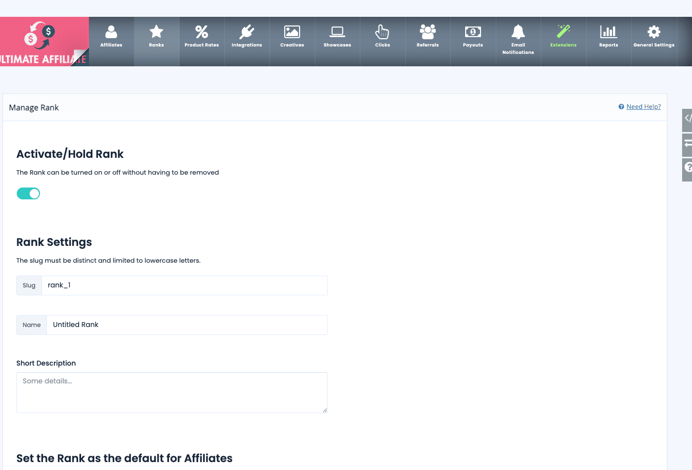 Creating an affiliate rank in Ultimate Affiliate Pro with slug, name and default settings