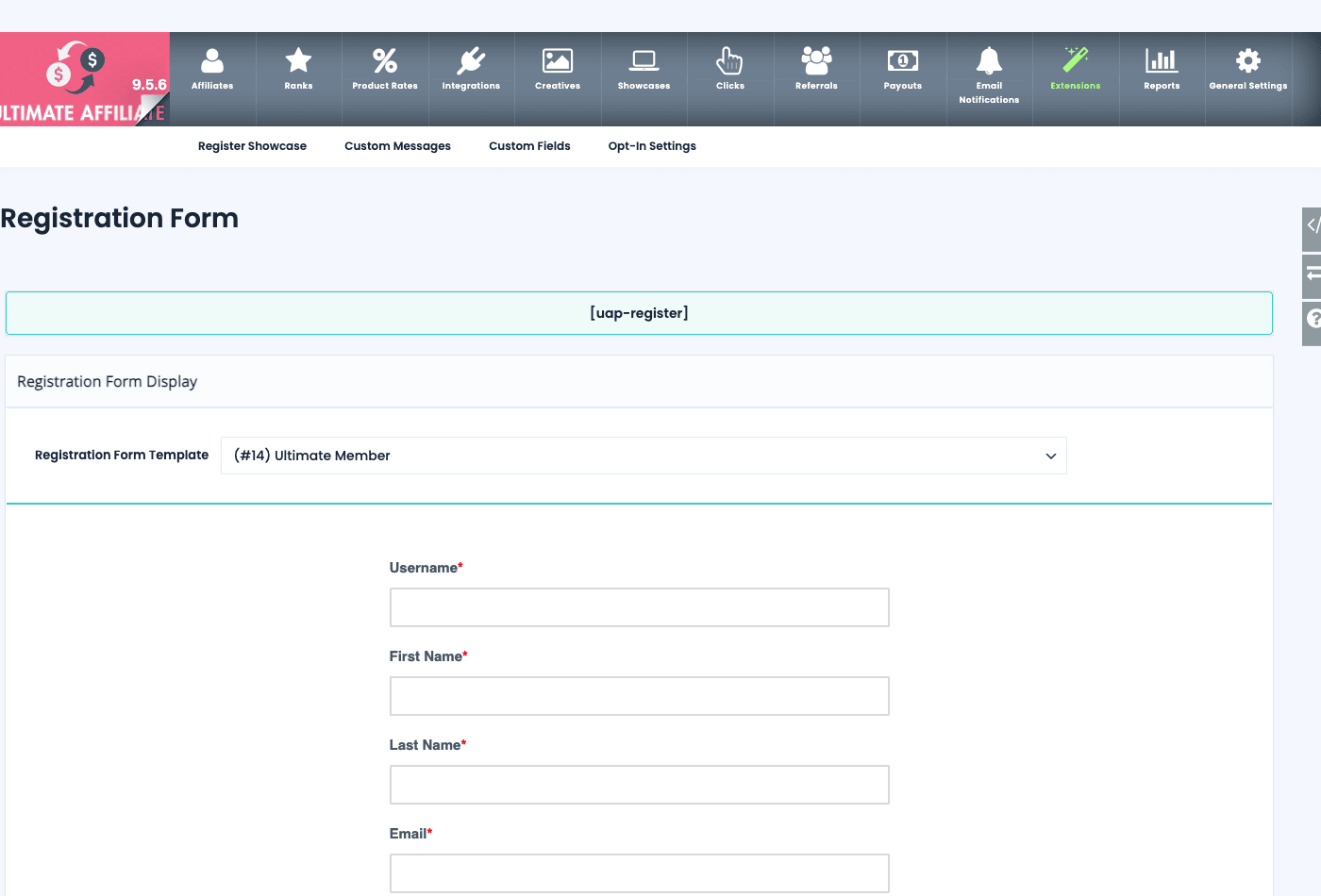 Ultimate Affiliate Pro registration form settings with a built-in form skin template