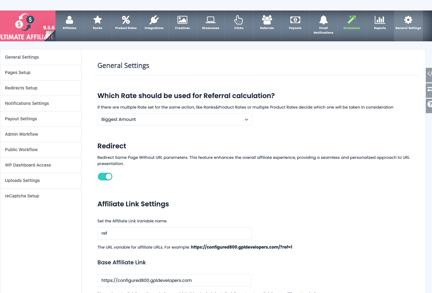 Ultimate Affiliate Pro General Settings showing referral rate calculation and the ref affiliate link variable