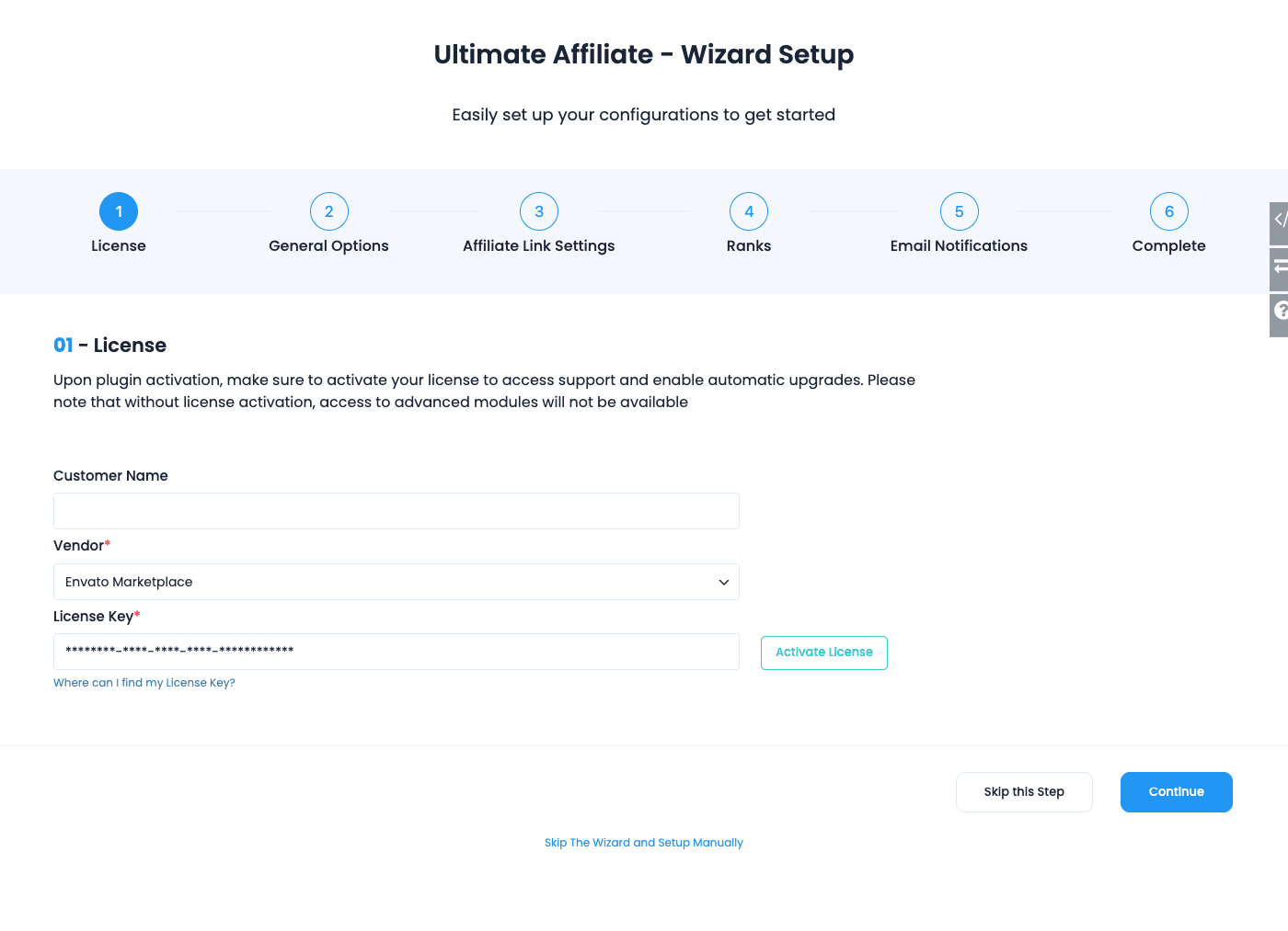 Ultimate Affiliate Pro setup wizard with license, general, ranks and email steps