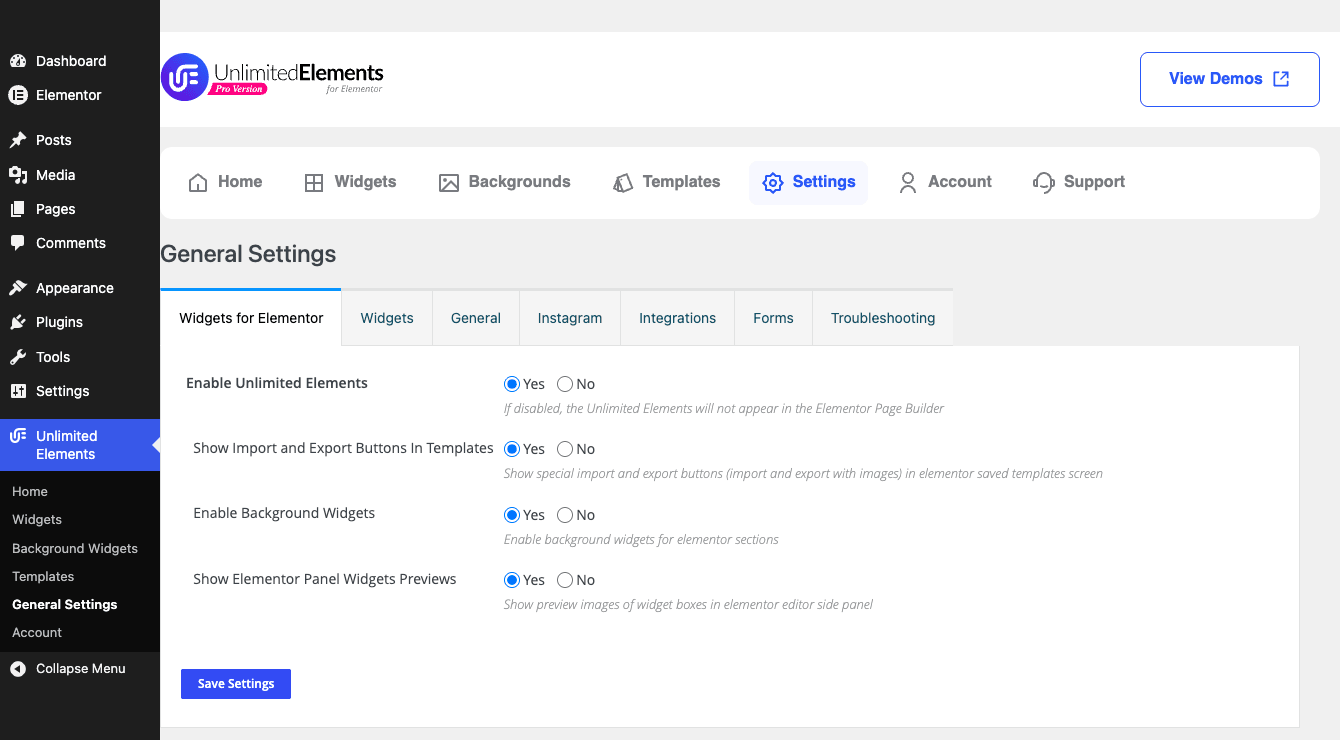 Unlimited Elements general settings Unlimited Elements general settings with the enable toggles and Elementor panel options