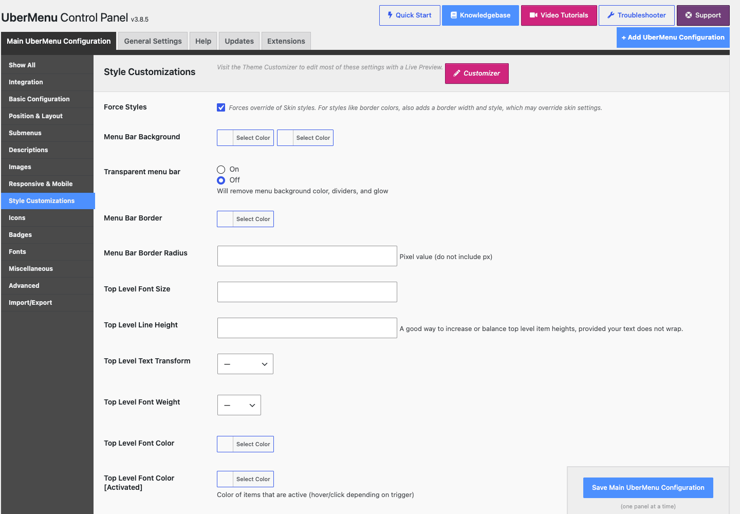 UberMenu Style Customizations panel showing Force Styles, menu bar background and border, and top-level font controls