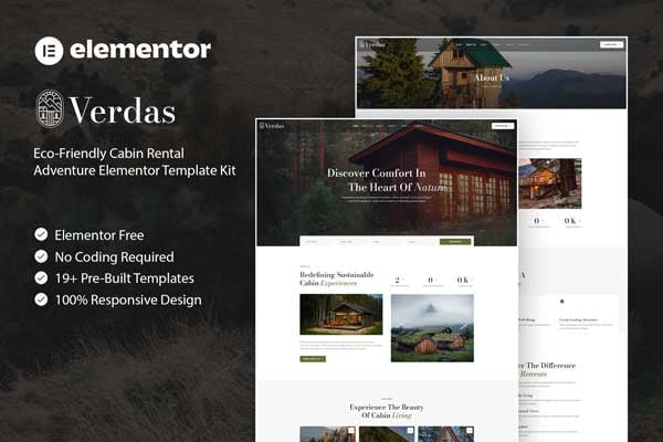 Verdas - Eco-Friendly Cabin Rental Adventure Elementor Template Kit