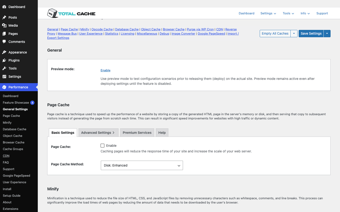 W3 Total Cache General Settings W3 Total Cache General Settings switchboard