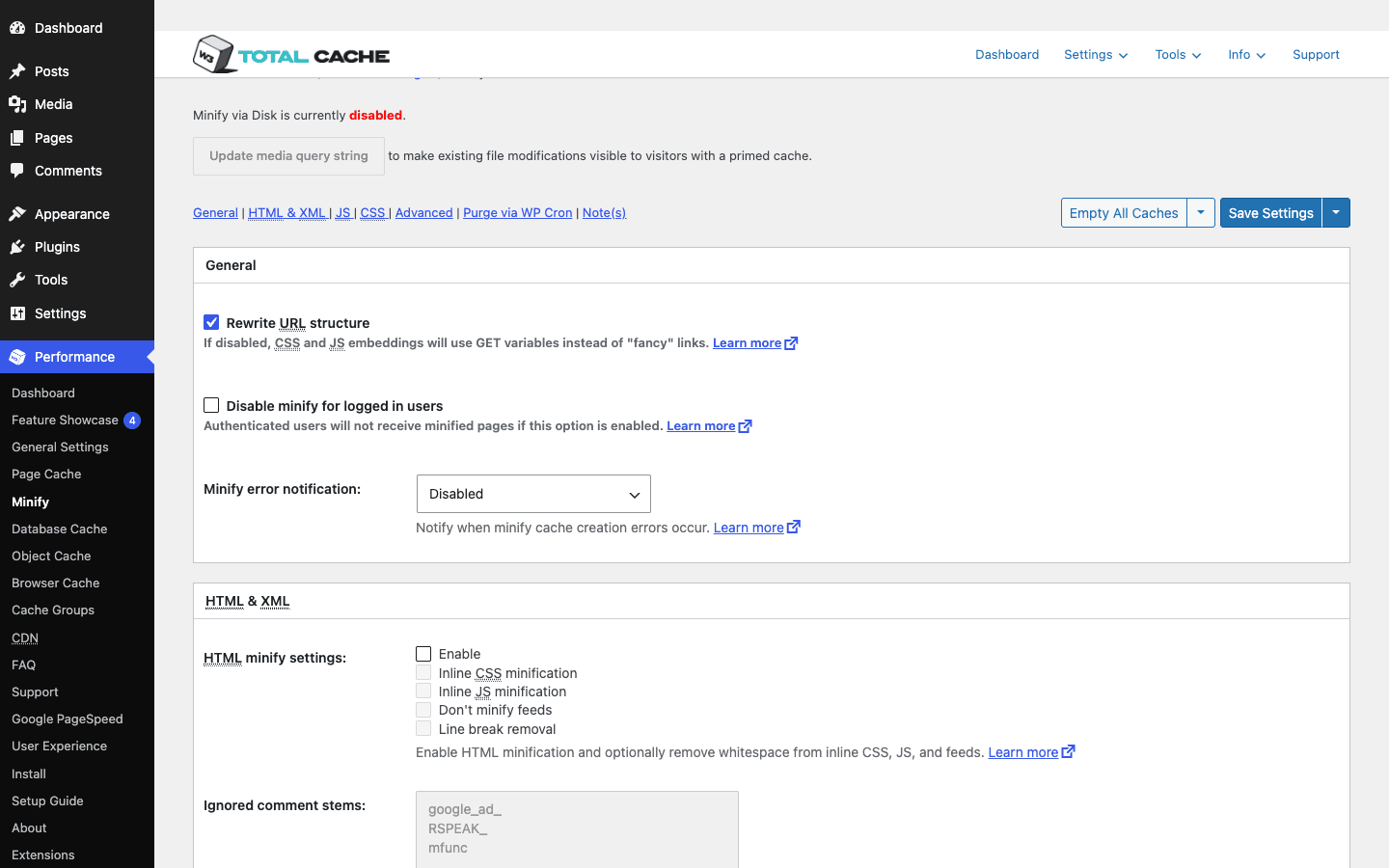 W3 Total Cache Minify settings W3 Total Cache Minify settings