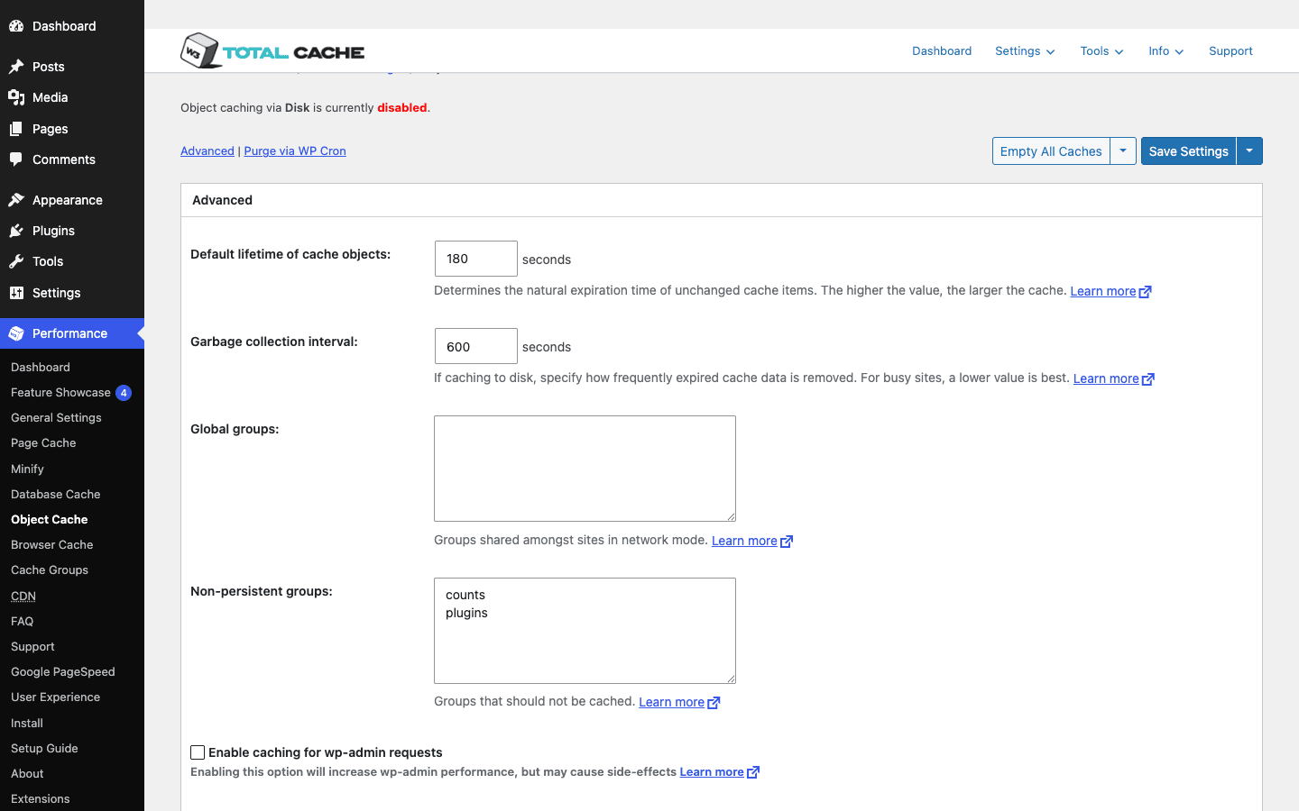 W3 Total Cache Object Cache settings W3 Total Cache Object Cache settings