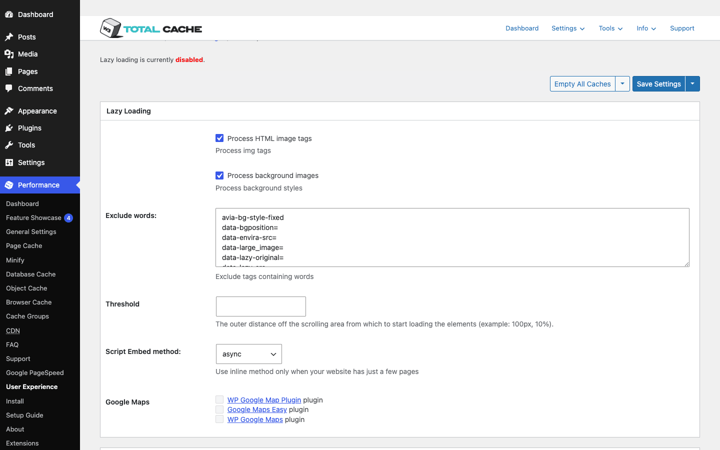 W3 Total Cache User Experience settings W3 Total Cache lazy load / User Experience settings